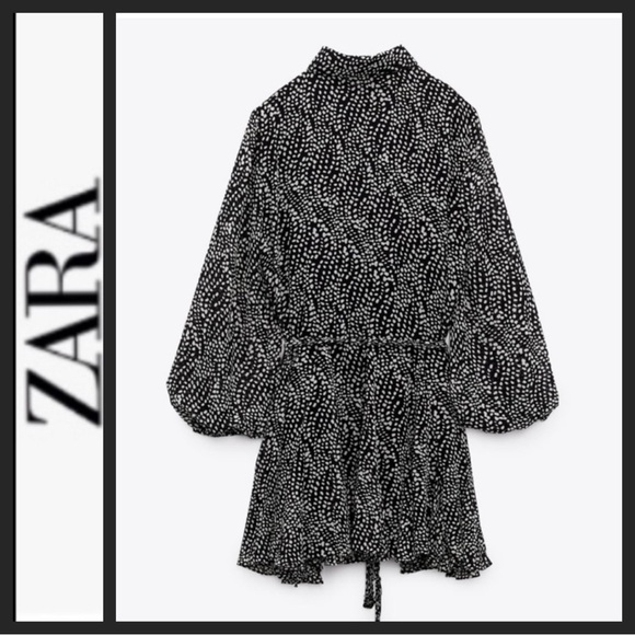 NWOT Zara Black and White Dot Belted Mini Dress - Picture 3 of 9